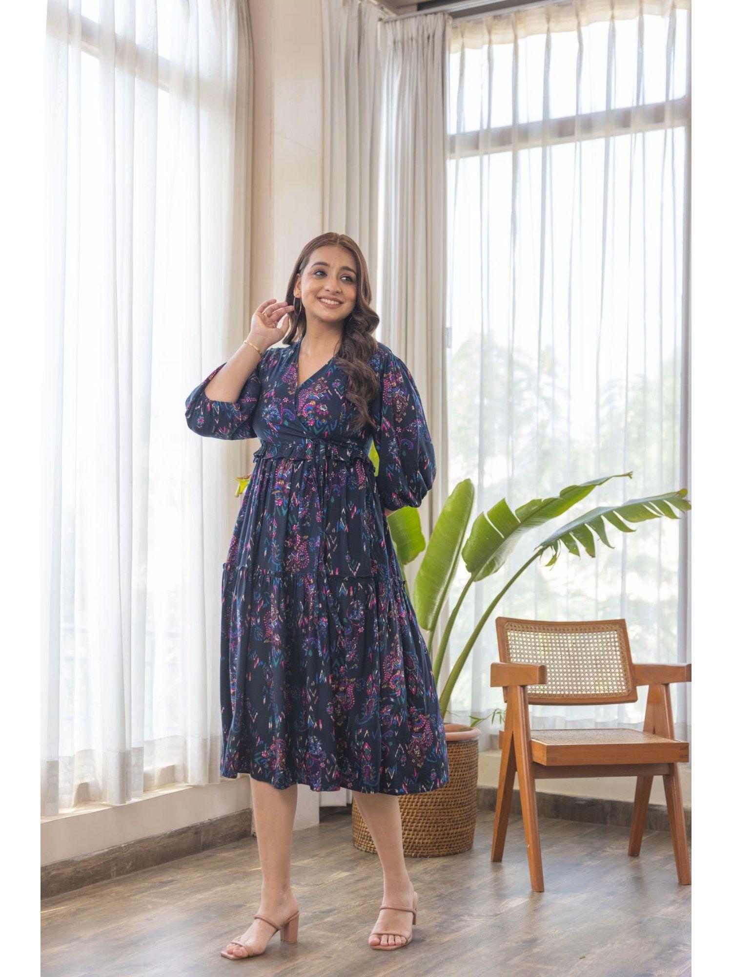 navy blue floral printed dress