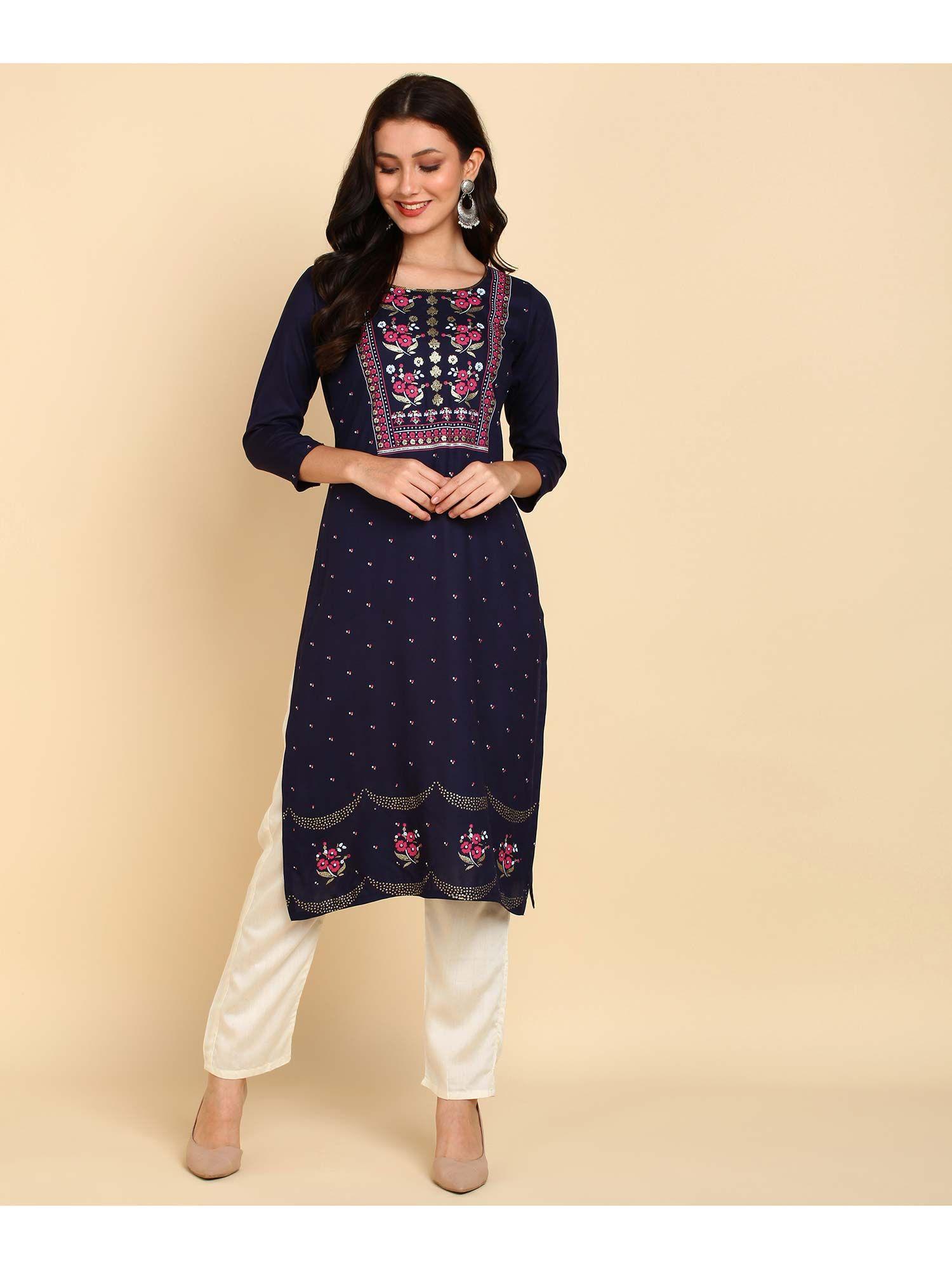 navy blue floral printed floral rayon kurta