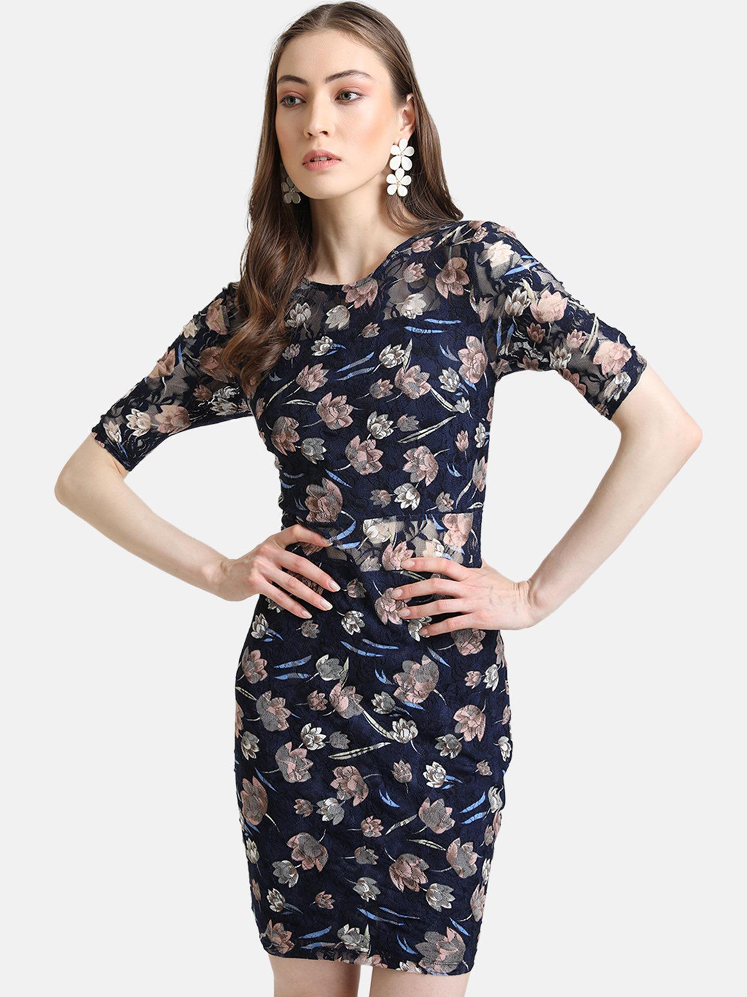 navy blue floral printed lace mini dress