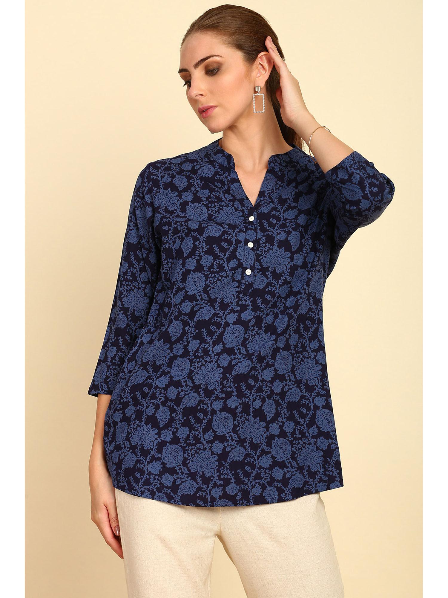 navy blue floral printed mandarin collar rayon tunic