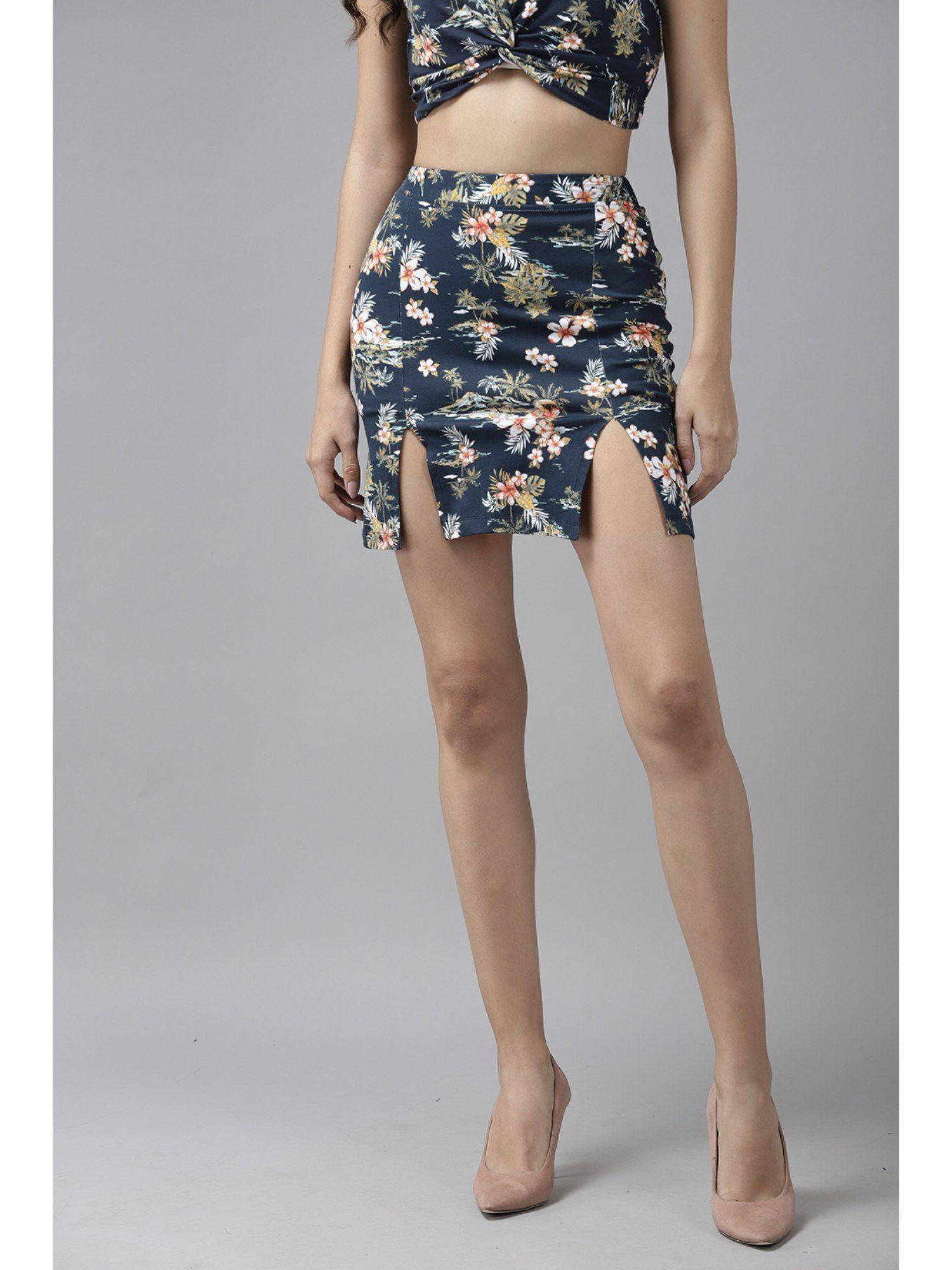 navy blue floral printed mini skirt