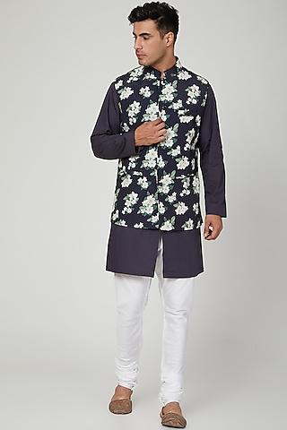 navy blue floral printed nehru jacket