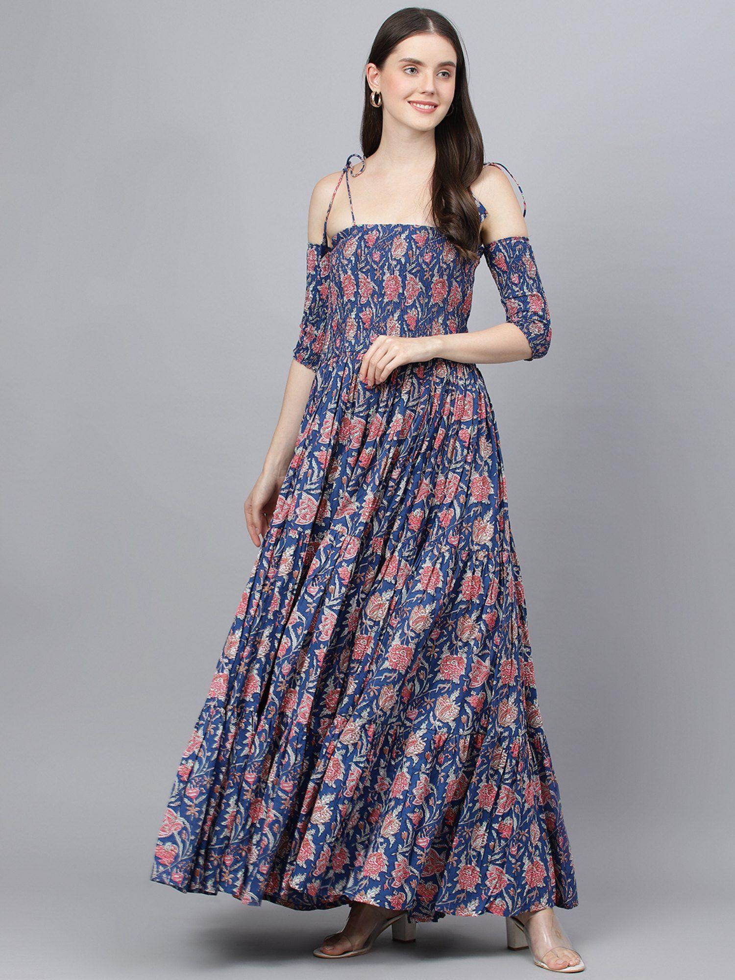 navy blue floral printed off shoulder flared long dress