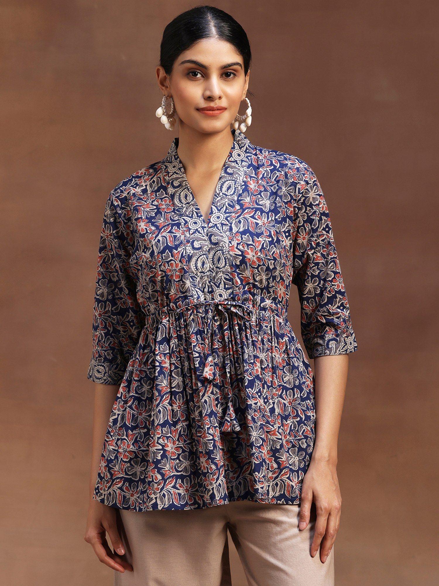 navy blue floral printed plated a-line kurti with attached waistbelt