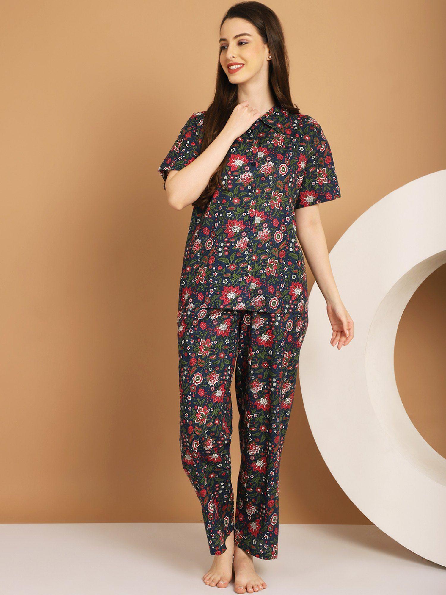 navy blue floral printed pure cotton night suit (set of 2)