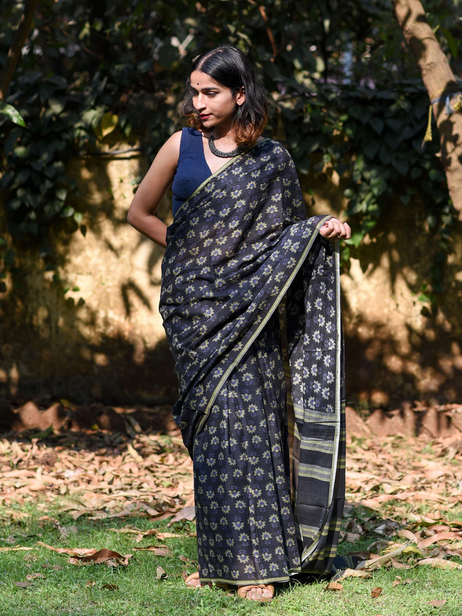 navy blue floral printed pure cotton saree