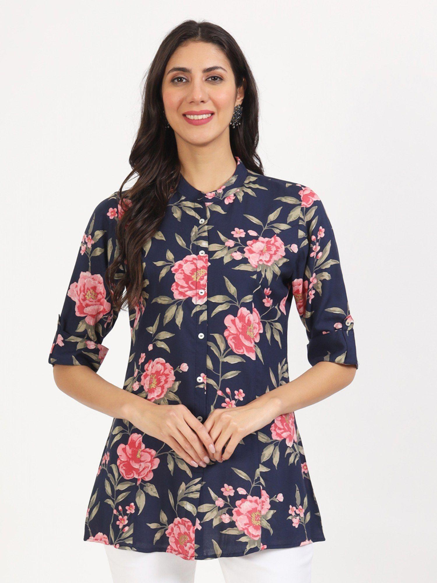 navy blue floral printed rayon top