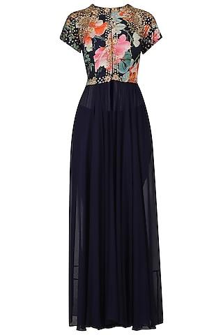navy blue floral printed tunic and pants set