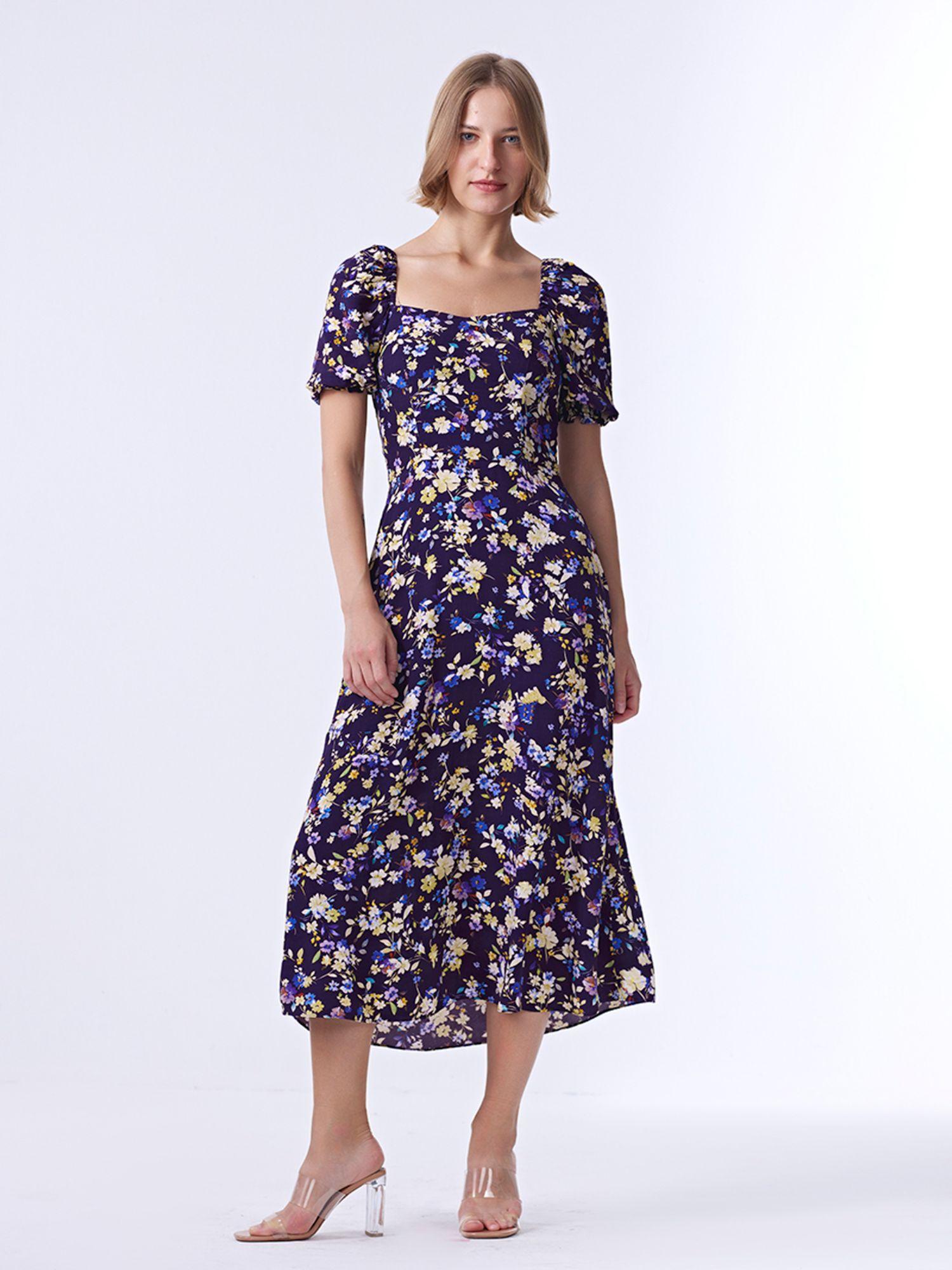 navy blue floral puff sleeves sweetheart midi dress