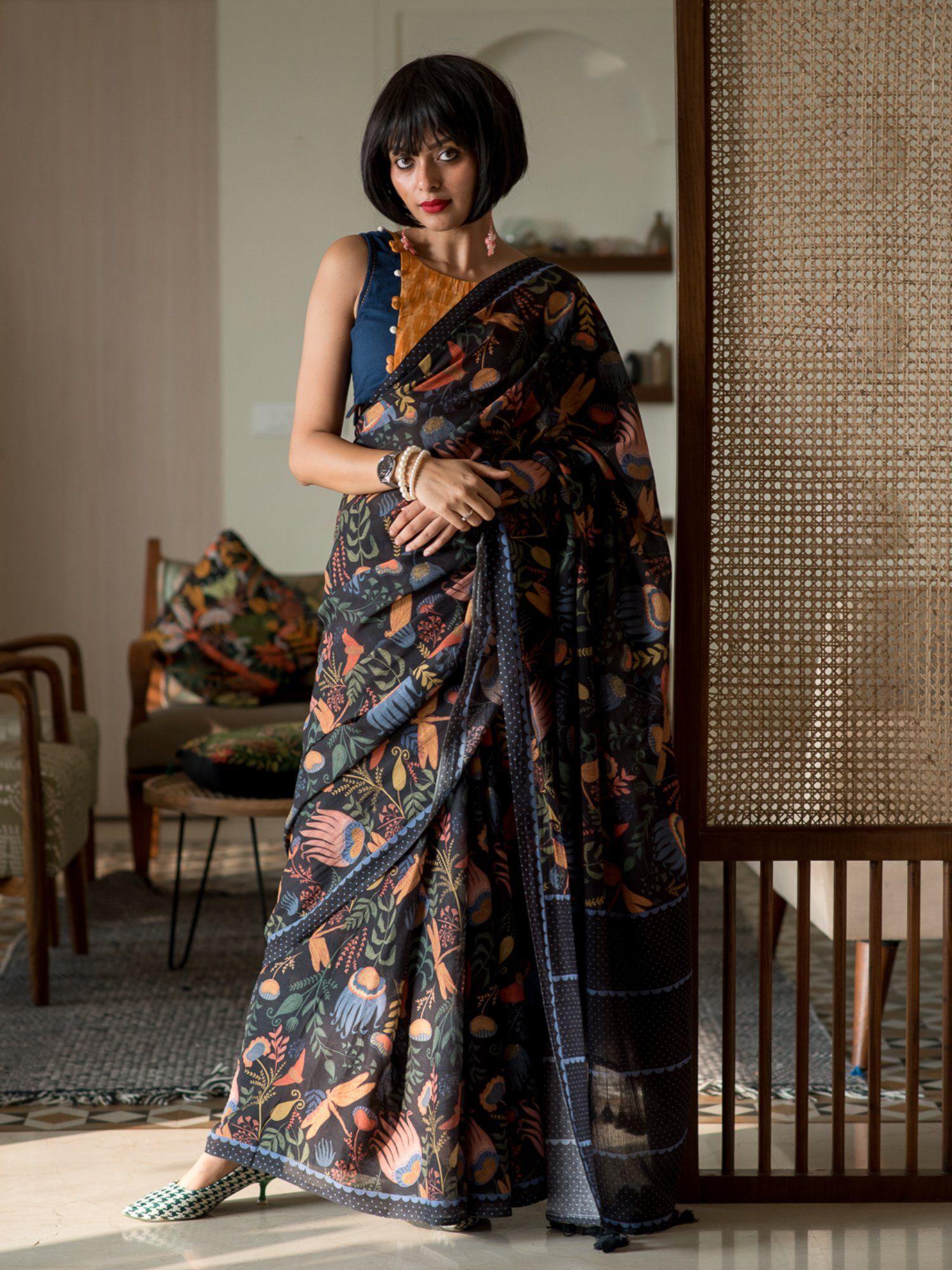 navy blue floral pure cotton saree with unstitched blouse