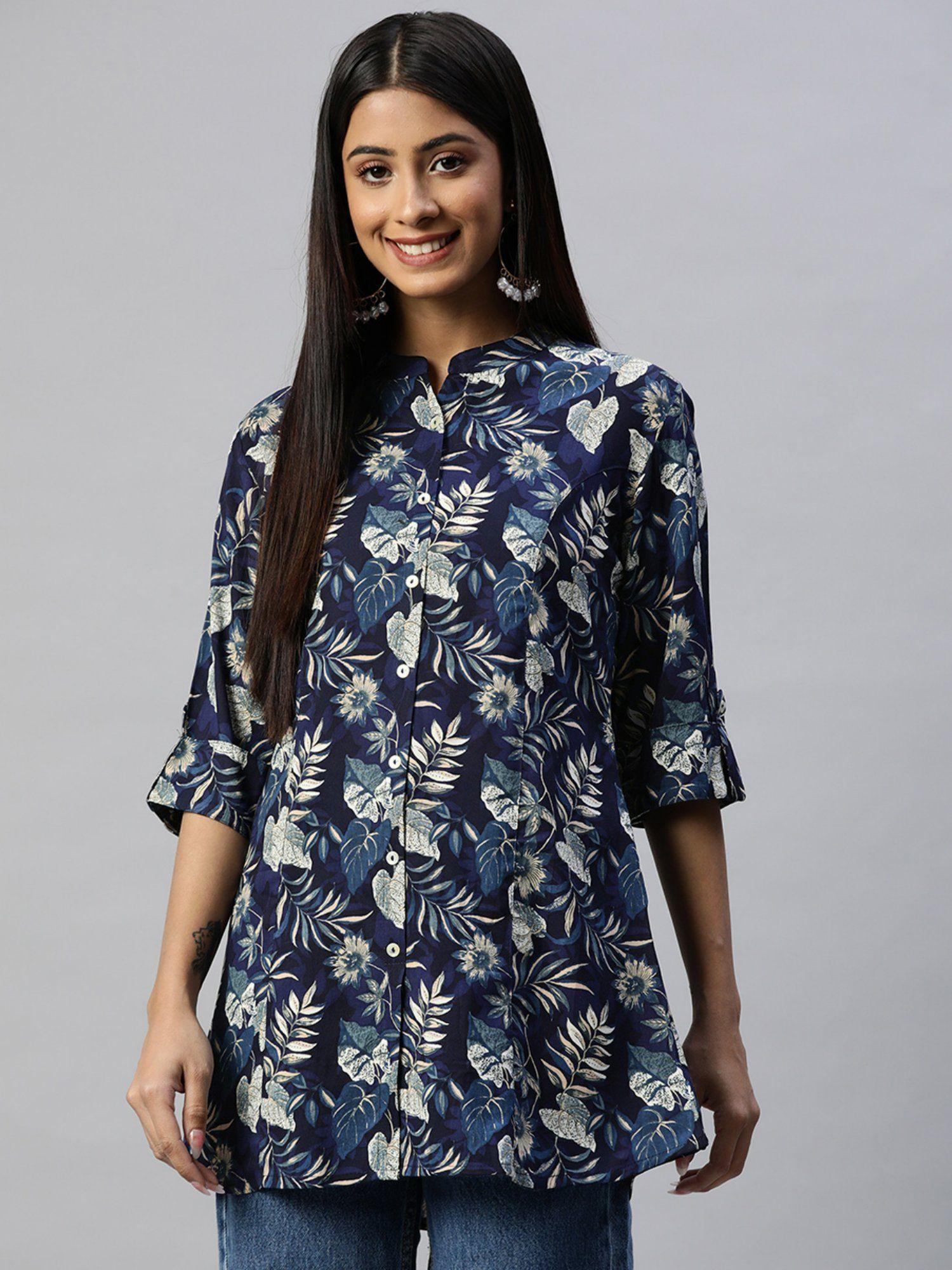 navy blue floral rayon a-line shirt style top