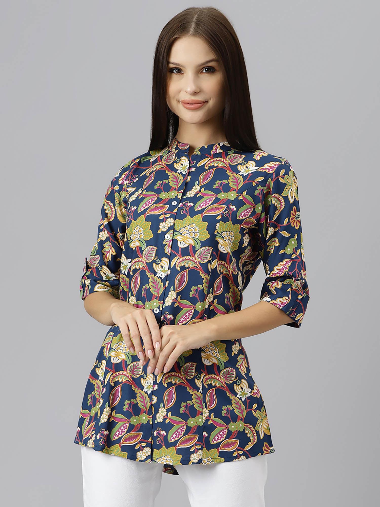 navy blue floral rayon a-line shirts style top