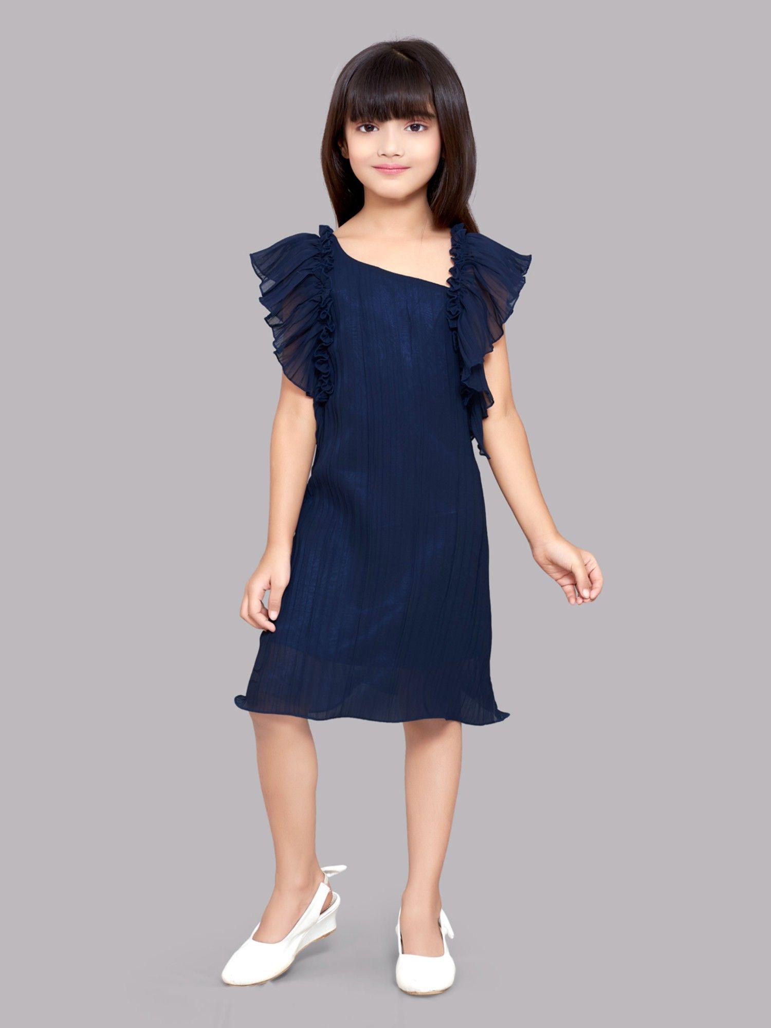 navy blue flutter sleeves dress