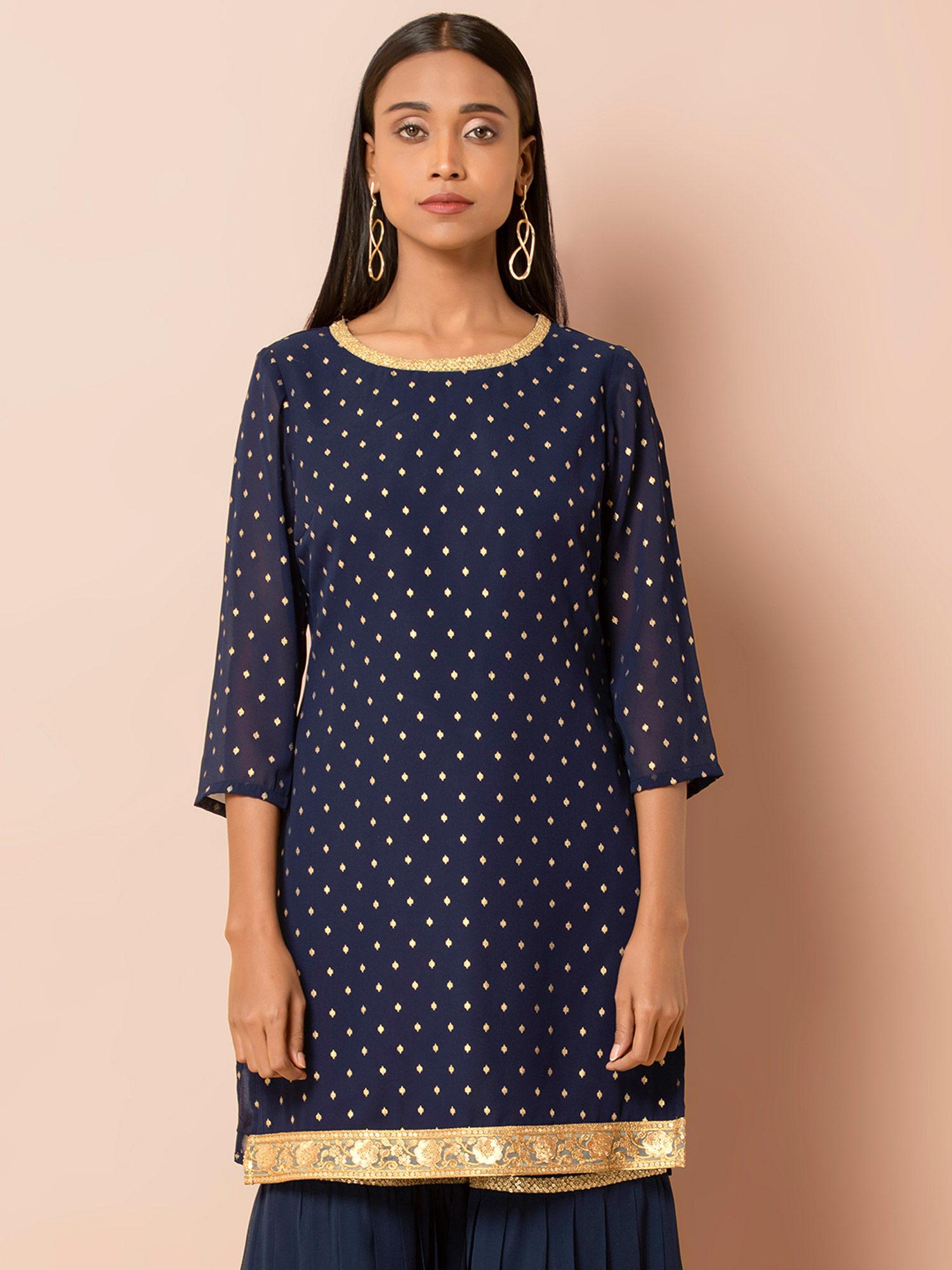 navy blue foil embellished short kurti