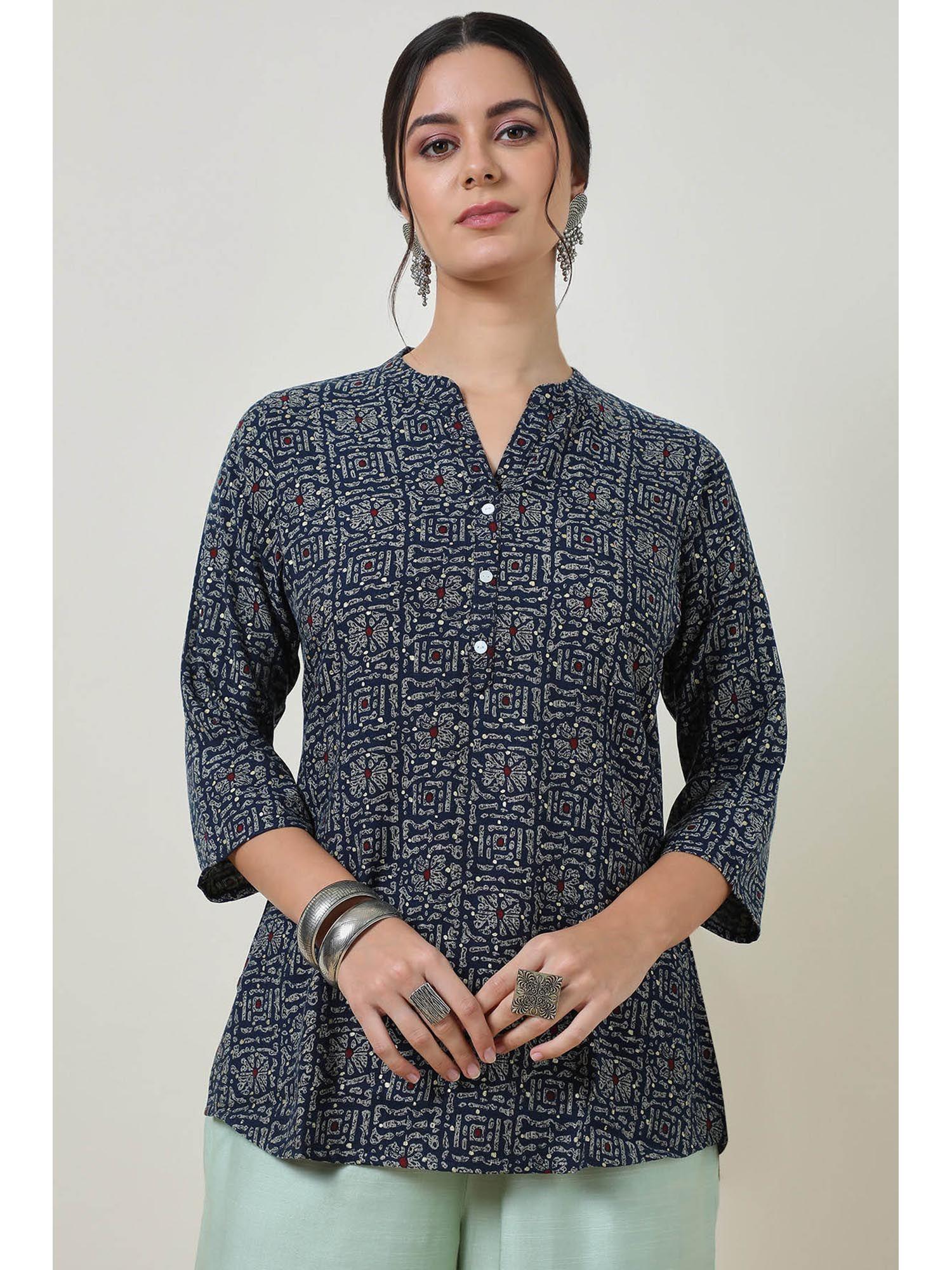 navy blue foil print rayon slub tunic