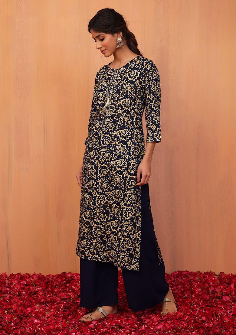 navy blue foil print rayon straight kurta