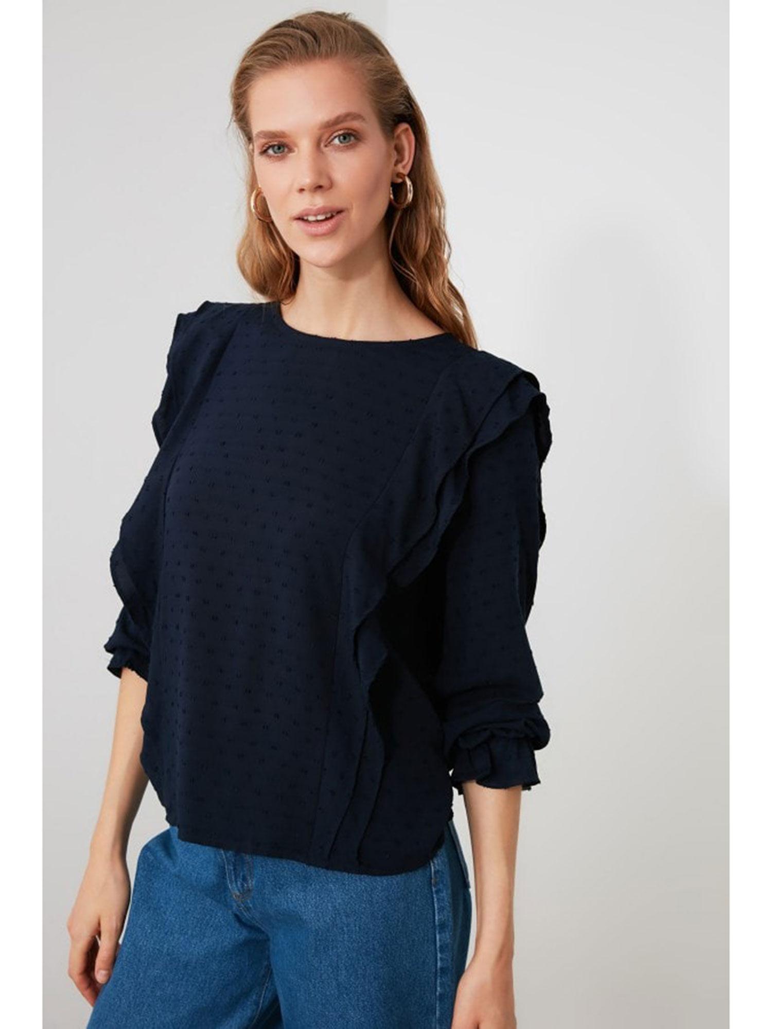 navy blue frilly blouse