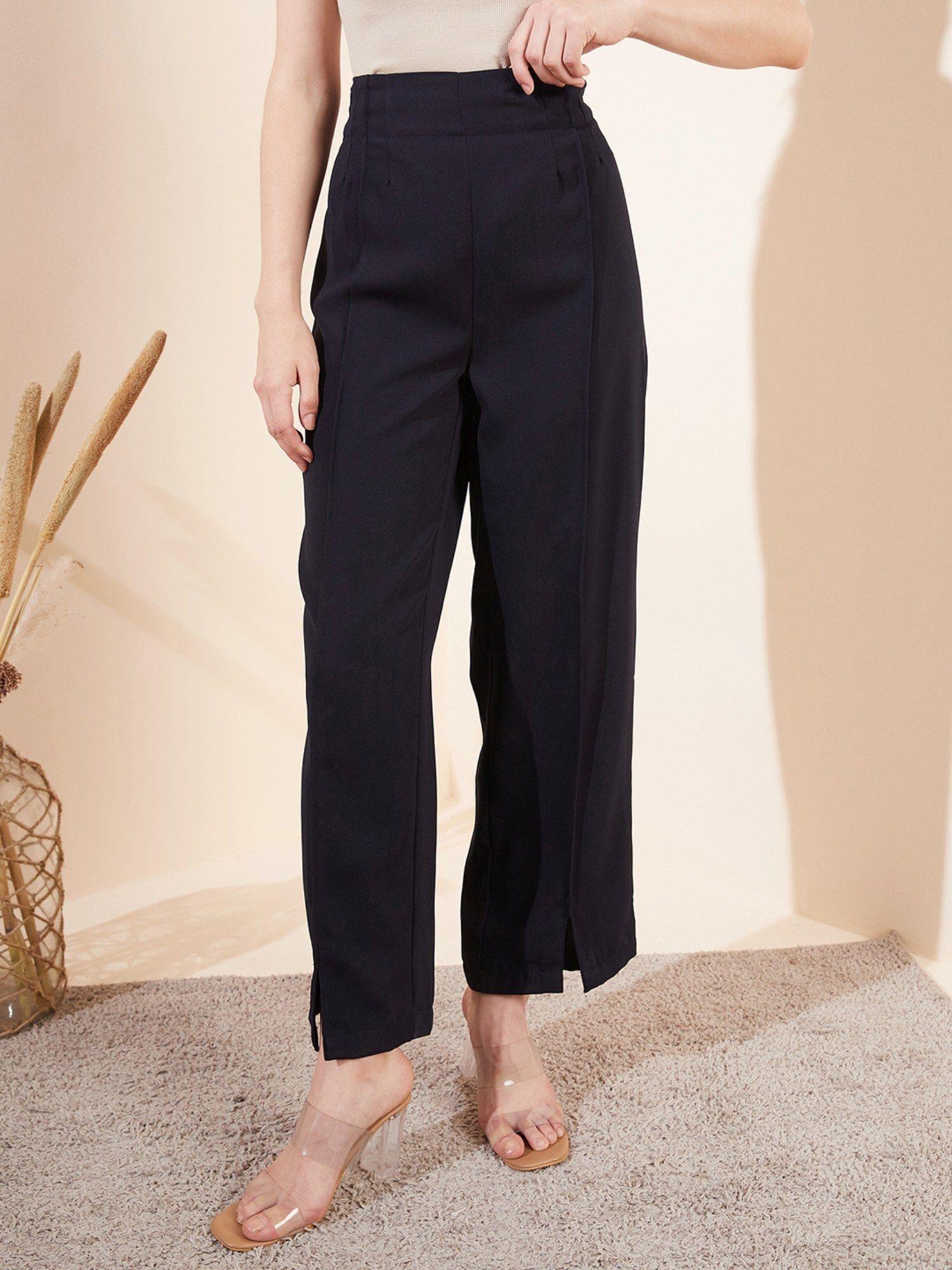 navy blue front-slit straight trousers