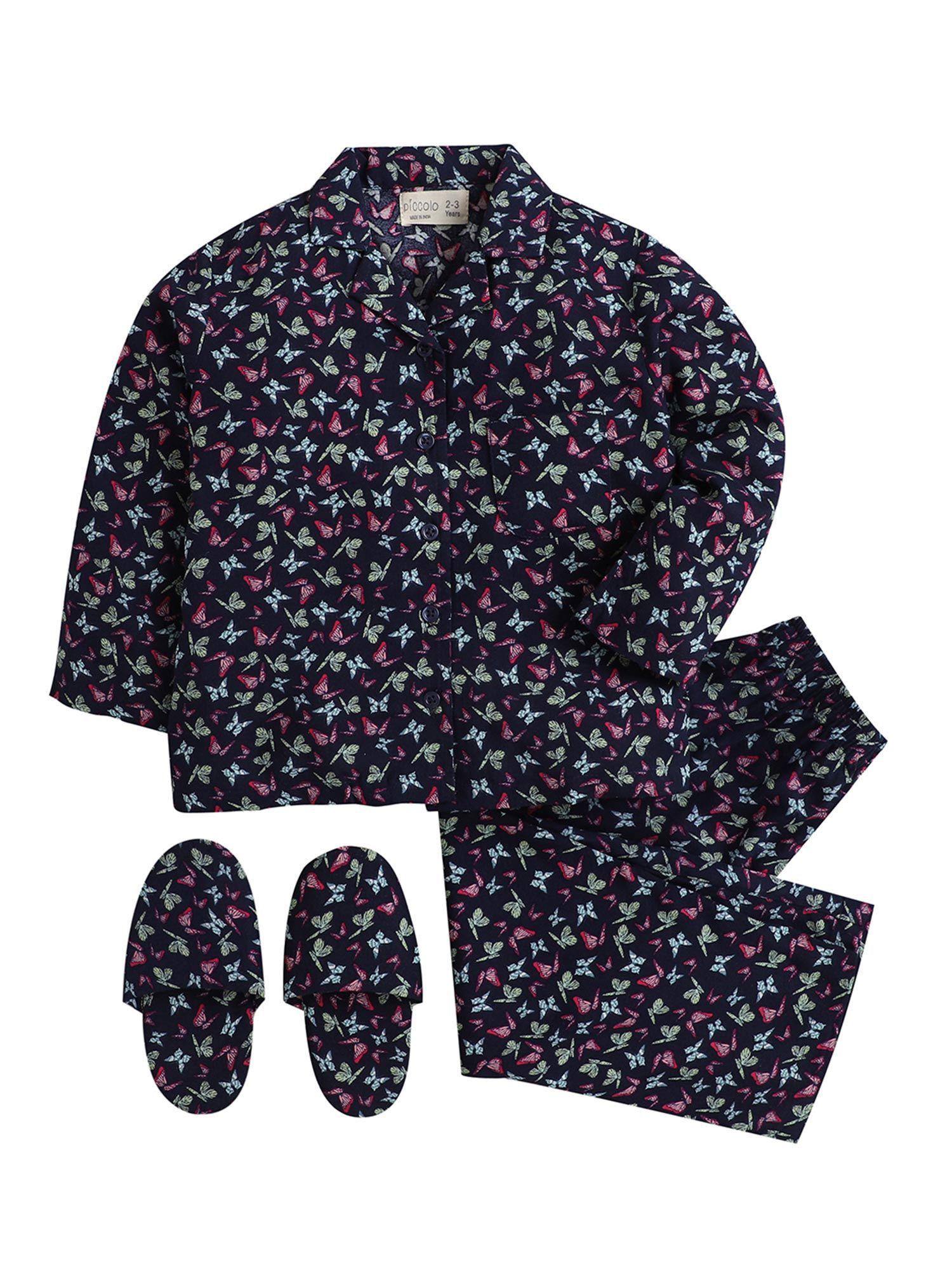 navy blue full sleeves printed top & pyjama set with slippers (set of 3)