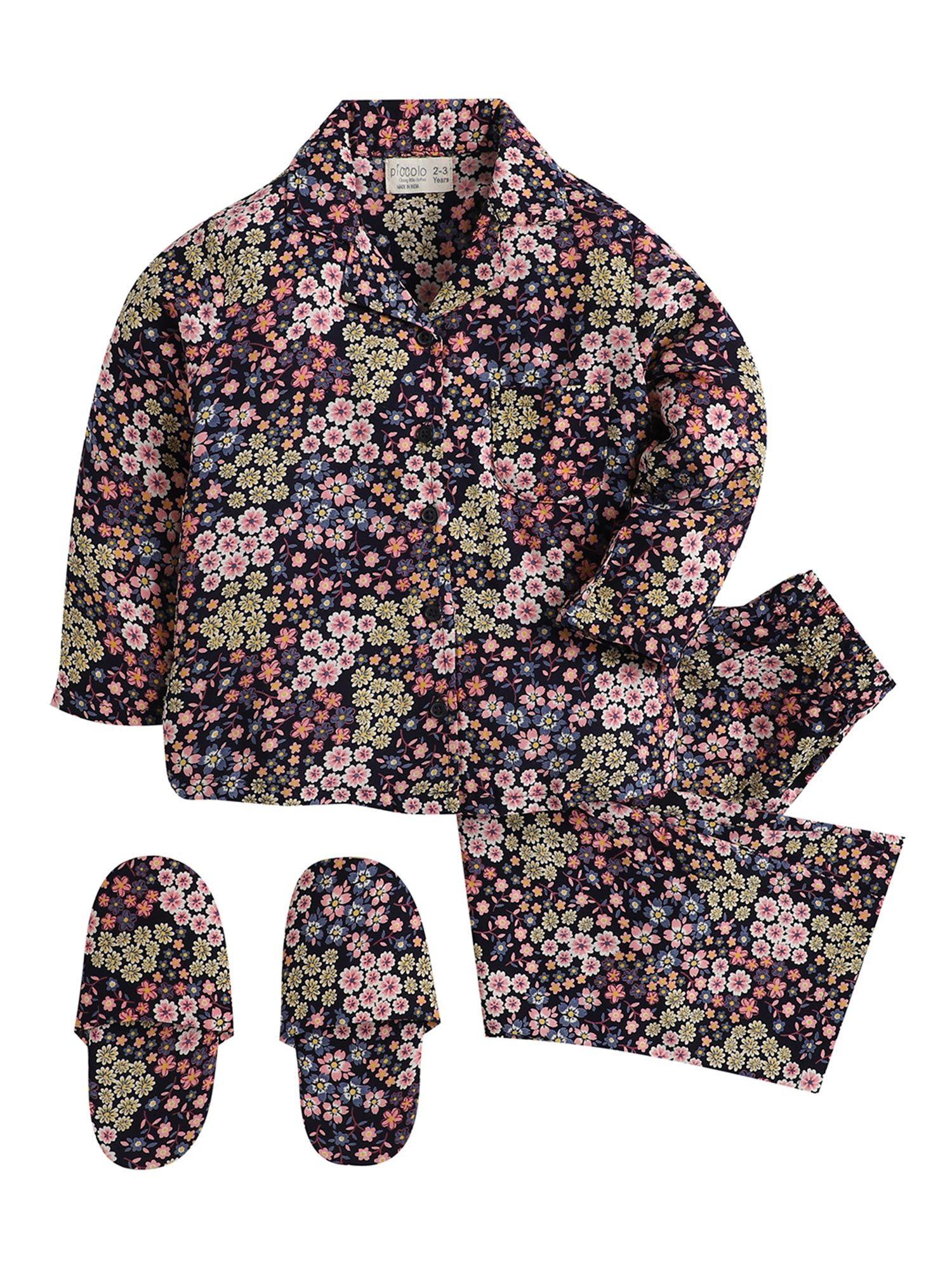 navy blue full sleeves printed top and pyjama set with slippers (set of 3)