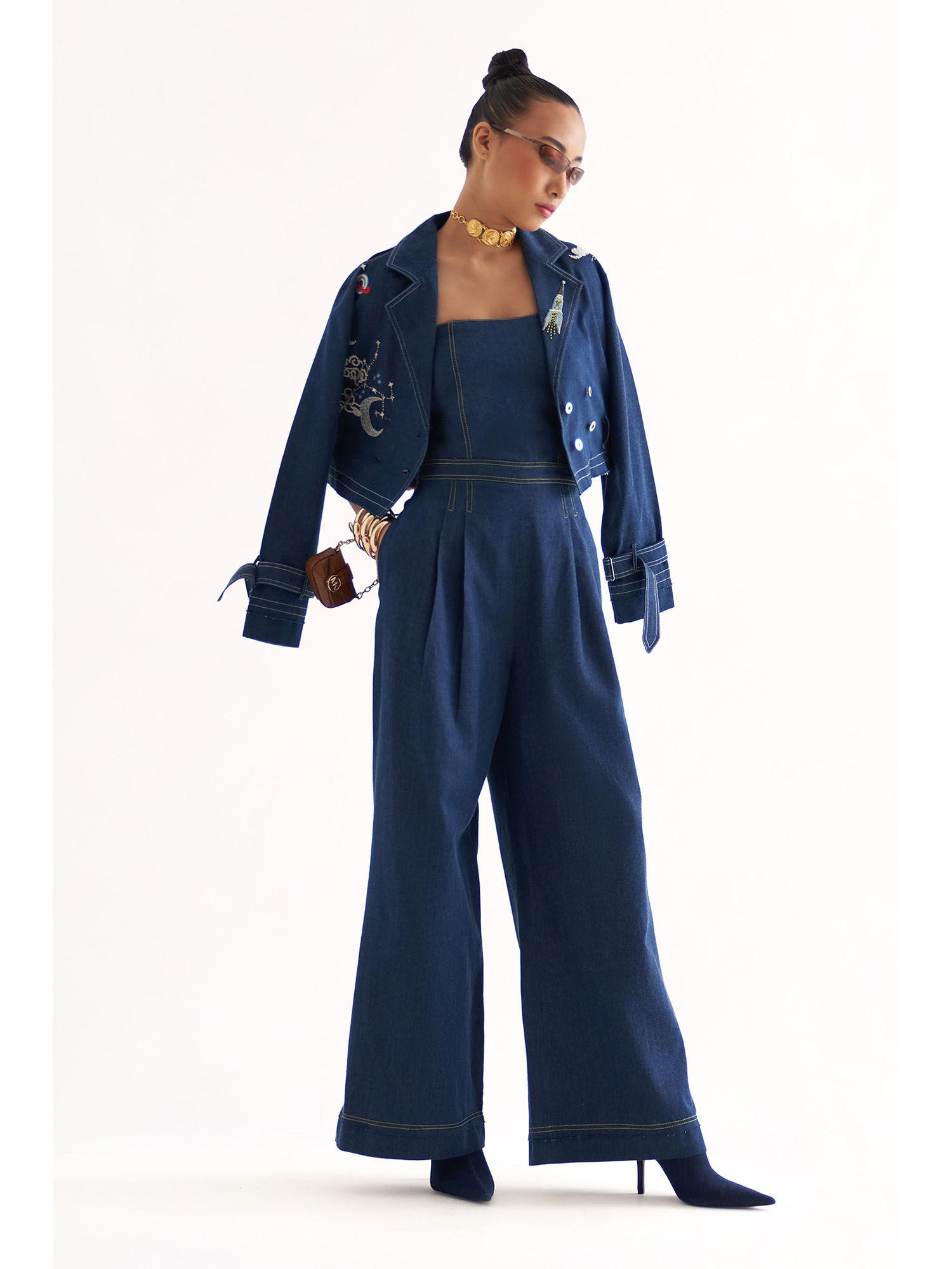 navy blue galaxy jumpsuit with saturn jacket (set of 2)