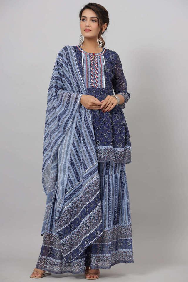 navy blue geometric printed georgette gota kurta sharara _ dupatta set with beads _ sequins