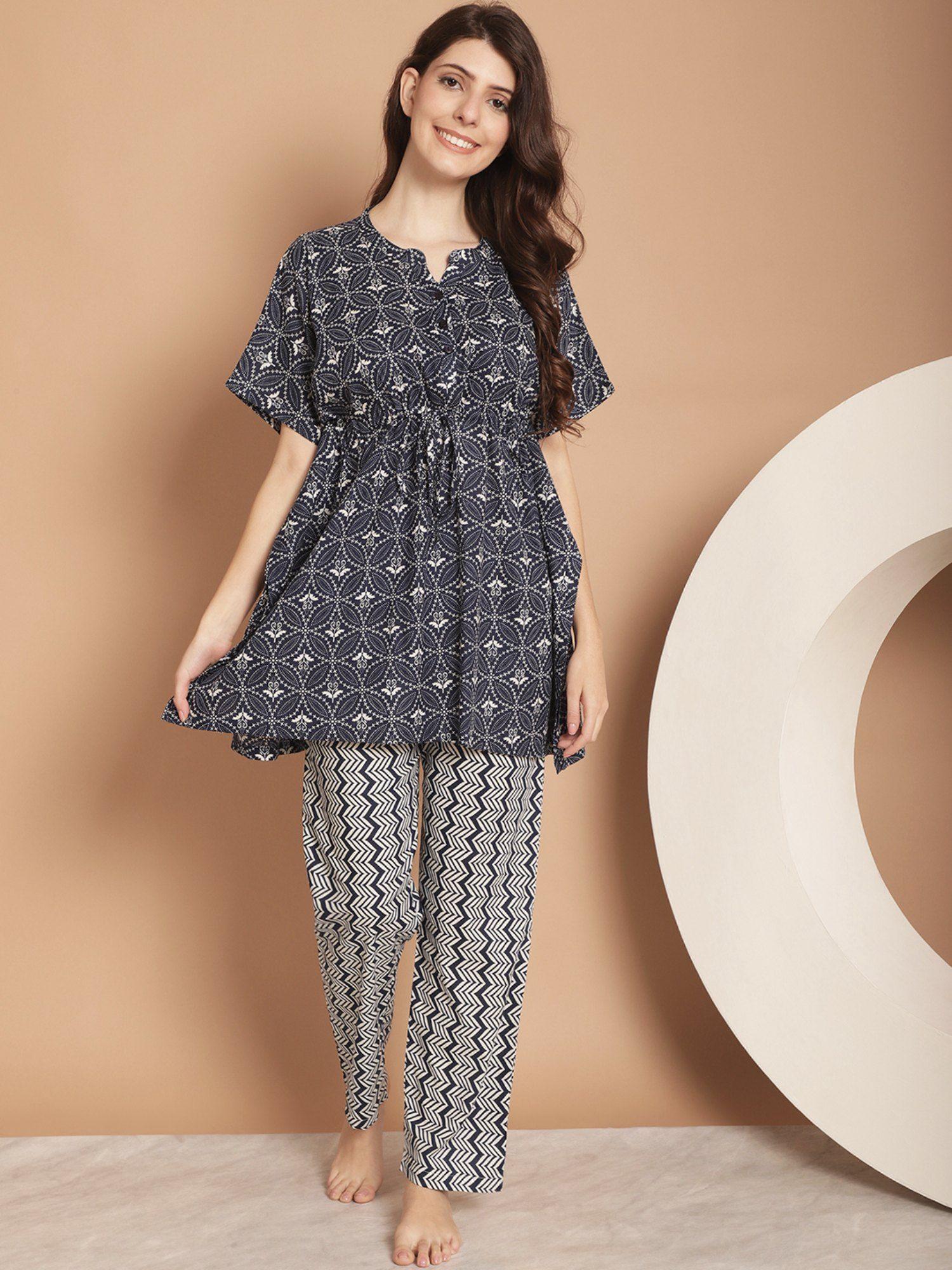 navy blue geometric printed pure cotton night suit (set of 2)