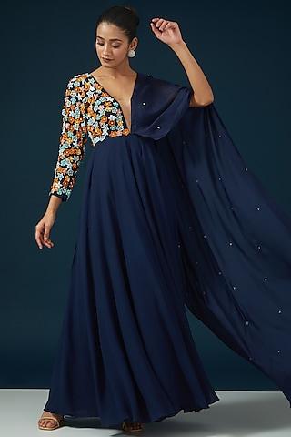 navy blue georgette & chiffon embroidered anarkali