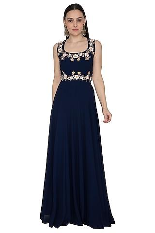 navy blue georgette & lycra embroidered gown for girls
