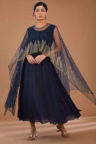 navy blue georgette & net embellished layered cape dress