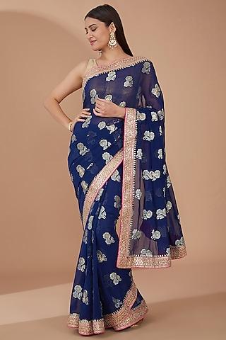 navy blue georgette banarasi gota patti embellished saree set