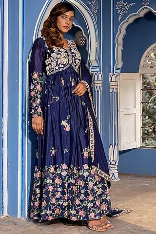 navy blue georgette crepe hand embroidered anarkali set