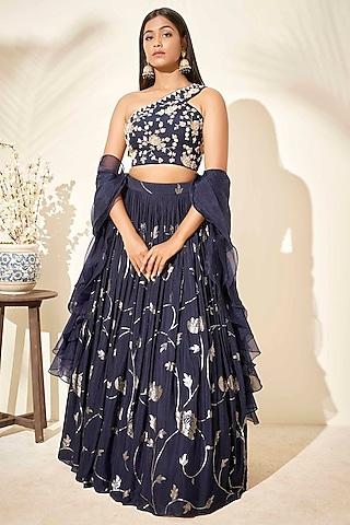 navy blue georgette crepe pleated lehenga set