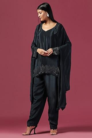 navy blue georgette cutdana embroidered asymmetric tunic set