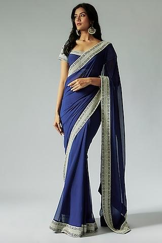 navy blue georgette cutdana embroidered saree set