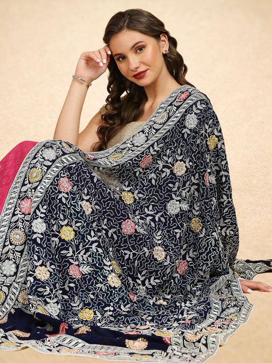 navy blue georgette dupatta with all over embroidery and multi sequins work