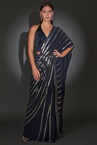 navy blue georgette embellished draped saree set