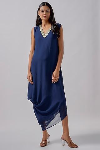 navy blue georgette embroidered cowl dress