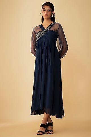 navy blue georgette embroidered gown