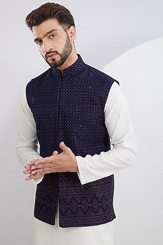 navy blue georgette embroidered nehru jacket