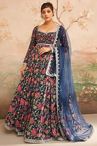 navy blue georgette floral printed & zari embroidered anarkali set