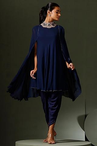 navy blue georgette hand embellished cape set