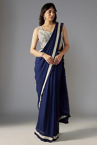 navy blue georgette hand embroidered pre-stitched saree set