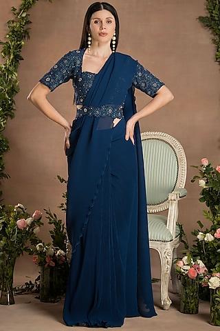 navy blue georgette pre-draped pleated saree set