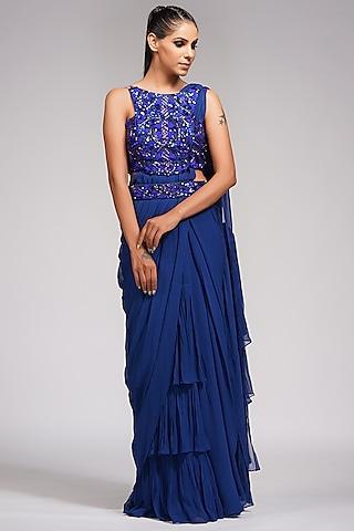 navy blue georgette pre-stitched saree set