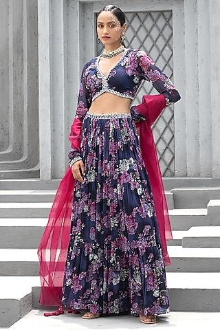 navy blue georgette printed lehenga set