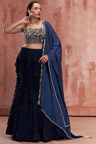 navy blue georgette ruffled lehenga set