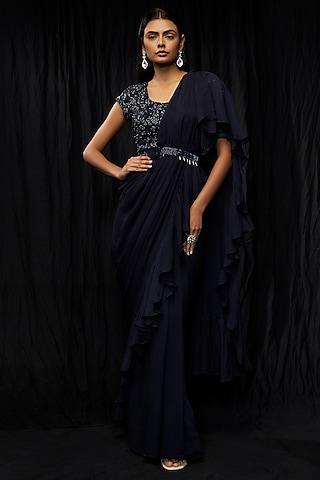 navy blue georgette saree set