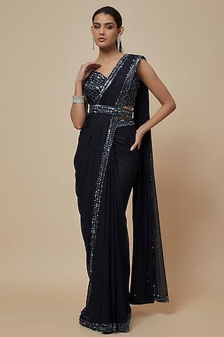 navy blue georgette sequins embroidered saree set