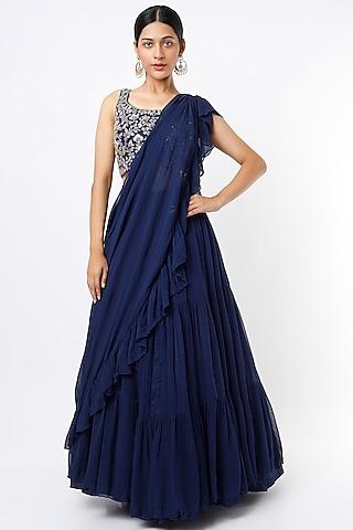 navy blue georgette tiered lehenga set